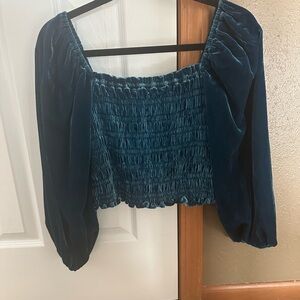 Anthropologie Deep Blue Velvet Smocked Blouse